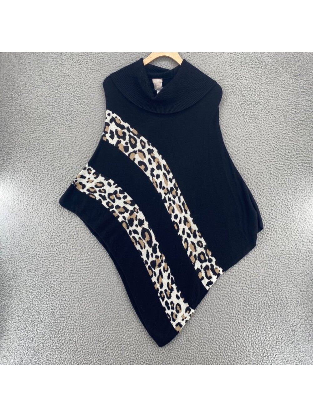Chicos Sweater Womens Small Medium Black Leopard Stripe Detail Poncho Cowl Neck